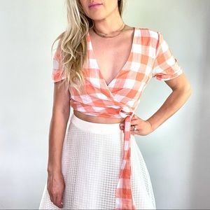 Revolve L’Academie Peach & White Checkered Top, Size Small